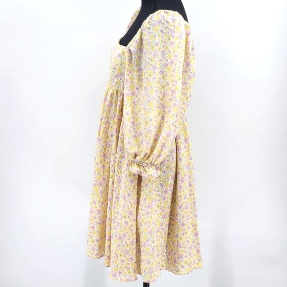 Storia Puff Sleeve Babydoll Mini Dress Size Large White Pink Yellow Floral - Picture 3 of 11